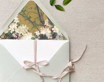 Dusty Golden Spring Blossom Envelope Liner, Vintage Floral Print for Elegant Wedding Invitations, Bridal Shower on Luxury Cotton Paper