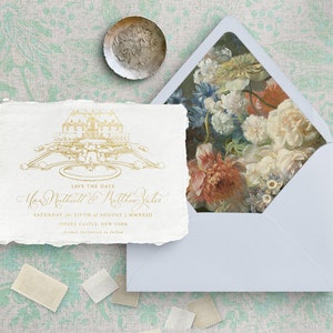 Tarjetas clásicas para guardar la fecha frustradas en oro, ilustración personalizada del lugar, papel hecho a mano con borde de deckle, diseño único de invitación a boda de lujo