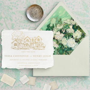 Ilustración del lugar a medida Tarjetas clásicas con estampado de oro para guardar la fecha, papel hecho a mano con borde de cubierta de algodón, diseño de boda de lujo único