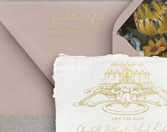 Gold Foiled Venue Illustration Save the Date, handgeschöpftes Baumwollpapier
