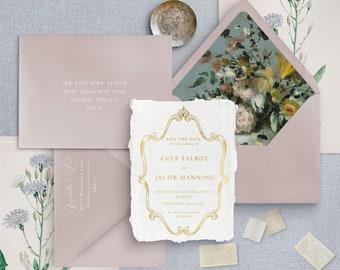 May include: A save the date card with a gold ornate frame and the text "Save the Date for the wedding of Anya Talbot and Jacob Manning, Saturday the Second of June MMXXIII, Wiltshire England, Formal Invitation to follow".