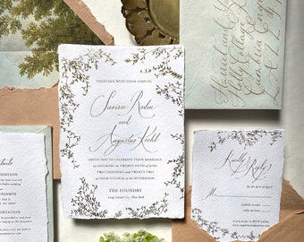 Romantic Deckle Edge Wedding Invitation: Luxury Suite on Handmade Paper, Premium Mediterranean Elegance, Floral Theme, Sample Set