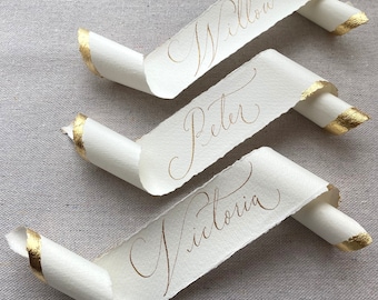 Gold Leaf Calligraphy Place Cards: Unique Place cards for Vintage Wedding Decor, Unique Bridal Event Decor, Hand Lettering
