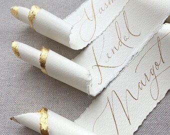 Gold Leaf Calligraphy Place Cards: Unique Place cards for Vintage Wedding Decor, Unique Bridal Event Decor, Hand Lettering Scrolls