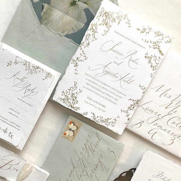 Premium Deckle-Edged Wedding Invites: Floral Handmade Paper Suite, Fine Art Hand Drawn Detailing, Luxury Gold Foil Design, Sample Set