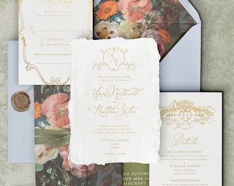 Inviti di nozze in lamina d&#39;oro con stemma monogramma, illustrazione della sede personalizzata Inviti di nozze unici, carte di nozze di lusso fatte a mano