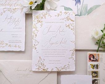 Fine Art Gold Foil Garden Wedding Invitation Suite, Elegant Deckled edge Wedding Invitation suite, Handmade paper, Romantic Wedding Invites