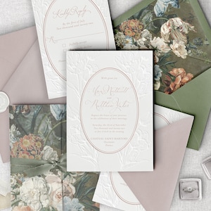 Invitaciones de boda tipográficas, ilustración de tulipán vintage en relieve ciego invitaciones de boda únicas, tarjetas de boda dibujadas a mano, invitaciones de lujo