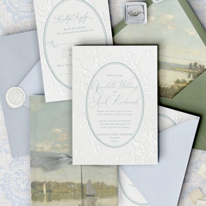 Invitaciones tipográficas, Ilustración de rosa vintage en relieve ciego Invitaciones de boda únicas, Tarjetas de boda dibujadas a mano, Invitaciones de lujo