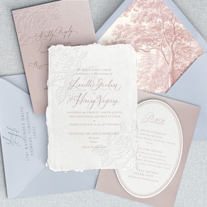 Invitaciones de boda tipográficas, Ilustración de rosa vintage grabada ciega Invitaciones de boda únicas, Tarjetas de boda de lujo hechas a mano