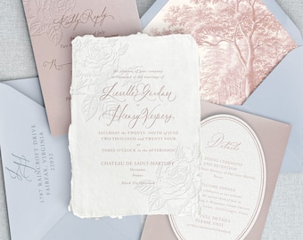 Faire-part de mariage typographique, faire-part de mariage unique en relief à l'aveugle, illustration de rose vintage, cartes de mariage de luxe faites main