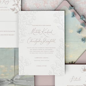 Custom Wedding Invitations - Blind Debossed Botanical Design - Letterpress Printed Calligraphy - Vintage Floral Letterpress Design