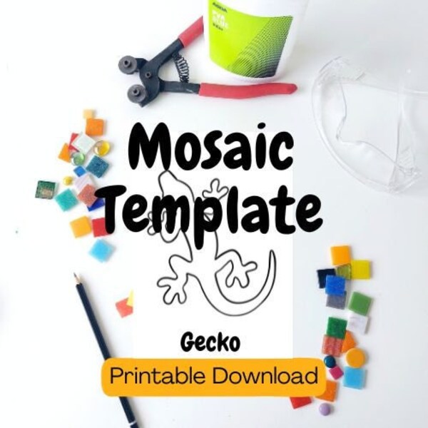 Lézard - Gabarit de mosaïque gecko. Modèle imprimable à télécharger, pour faciliter la mise en page et les contours des projets d'artisanat en mosaïque et en vitrail.