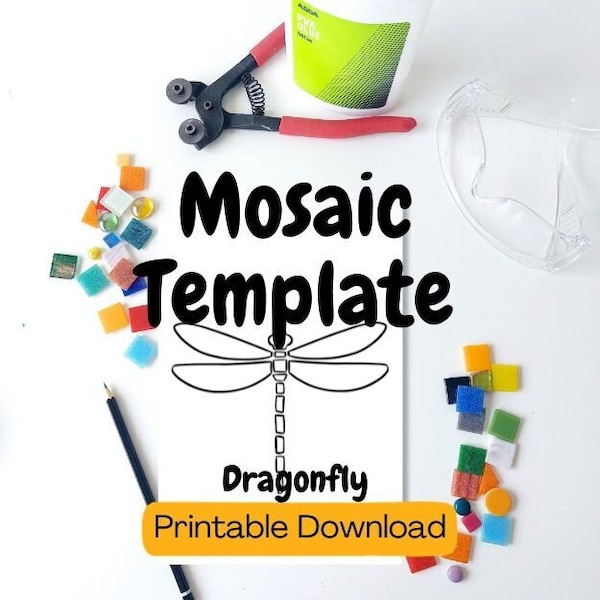 Dragonfly Mosaic Template. Printable download pattern, to assist with layout and outline for mosaics and stained glass craft projects.