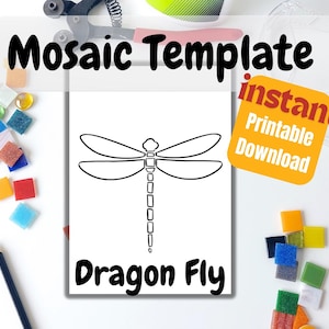 Dragonfly Mosaic Template. Printable download pattern, to assist with layout and outline for mosaics and stained glass craft projects.