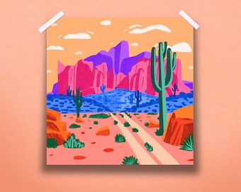 Colorful Summer Desert Art | Desert Landscape Illustration | Home Office Dorm Decor Print | Original Square Art Print