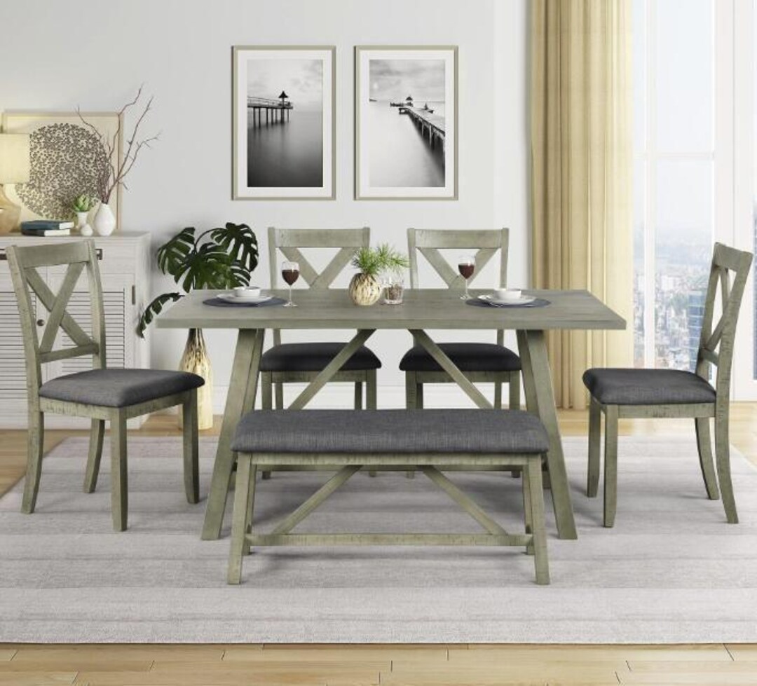 Dining Table Set With Bench & 4 Chairs - Rustic Kitchen Style - Solid ...
