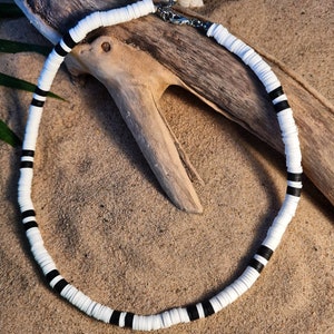 White black monochrome clay bead surf necklace choker - beach boho hippy festival style -  for mens womens unisex or a perfect gift