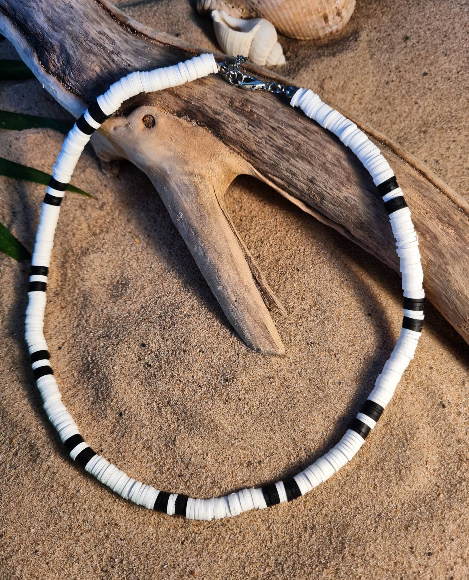 White & Black Clay Bead Necklace – Boho Surf Choker - Etsy