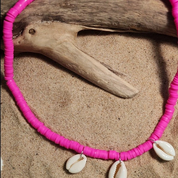Hot pink rainbow bright clay bead surf necklace choker - with cowrie she detail - beach boho hippy festival style