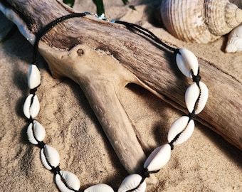 Cowrie Black and White Shell Beach Necklace / Choker - Surf Jewellery