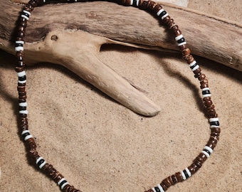 Brown black white wooden bead surf necklace choker - beach boho hippy festival style -  for mens womens unisex or a perfect gift