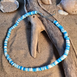 White turquoise aqua blue clay bead surf necklace choker - beach boho hippy festival style -  for mens womens unisex or a perfect gift