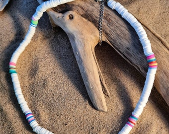 White rainbow bright clay bead surf necklace choker - beach boho hippy festival style - suitable for mens womens unisex or a perfect gift