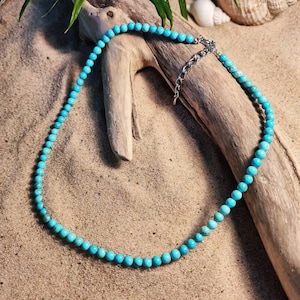 Turquoise Stone - Aqua Blue Beach Bead Necklace / Choker - Surf Jewellery