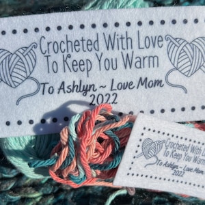 Crocheted with love blanket label/personalized label/customized blanket label/garment label/made with love/hand stitched/blanket tag