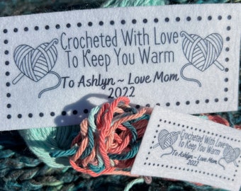 Crocheted with love blanket label/personalized label/customized blanket label/garment label/made with love/hand stitched/blanket tag