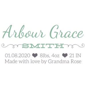 May include: A green and grey baby announcement card with the text "Arbour Grace SMITH 01.08.2020 8lbs, 4oz 21 IN Made with love by Grandma Rose"