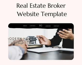 May include: A website template for real estate brokers, featuring a modern design with a black and white color scheme. The website includes sections for about, listings, lending, and contact. The text "MODERN HOMES" is displayed on the website, along with the tagline "Buy, Rent, Lend for bold changes".