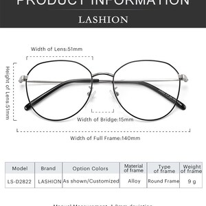Puede incluir: Gafas redondas de metal negro con puente de nariz plateado. Las gafas miden 5,1 cm de ancho y 14 cm de ancho. La montura es de aleaci&oacute;n y pesa 9 gramos.