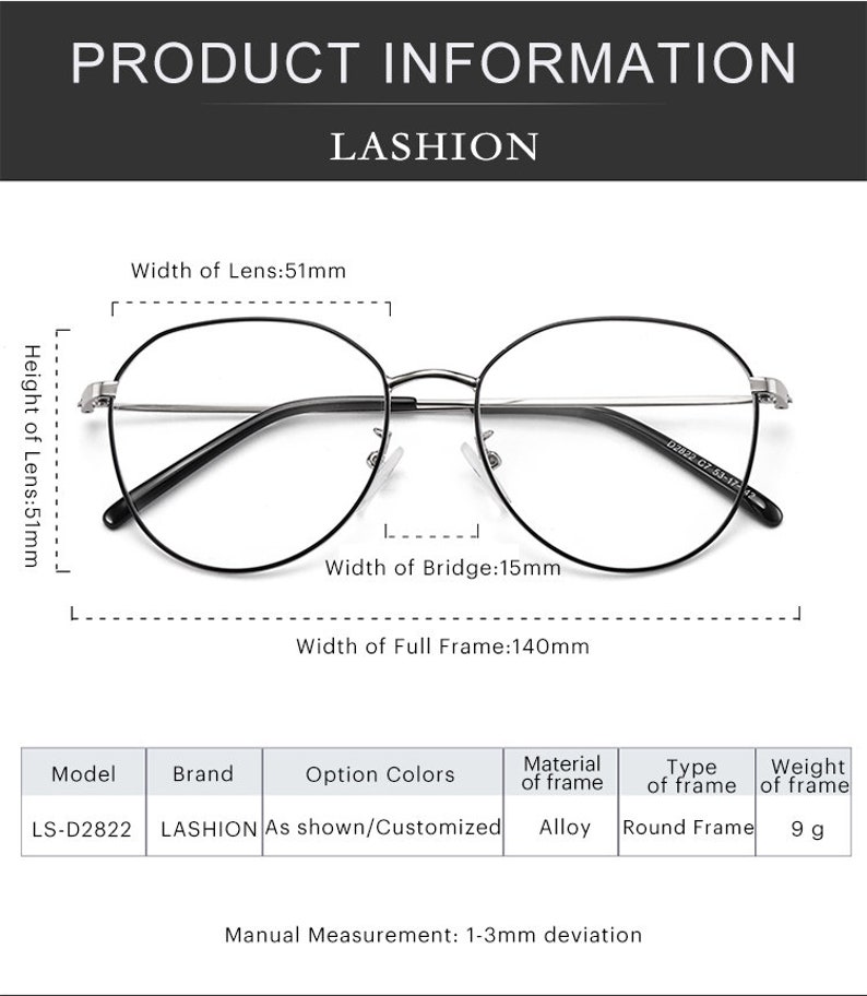 Puede incluir: Gafas redondas de metal negro con puente de nariz plateado. Las gafas miden 5,1 cm de ancho y 14 cm de ancho. La montura es de aleaci&oacute;n y pesa 9 gramos.
