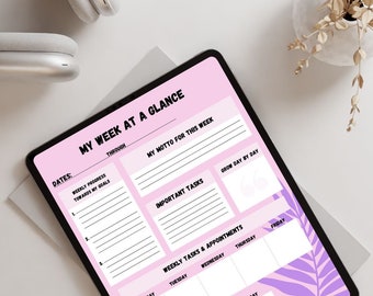 Puede incluir: Un planificador digital rosa y morado con el texto "My Week at a Glance" y secciones para fechas, progreso semanal, lema, tareas importantes, tareas semanales y citas, y un registro diario.