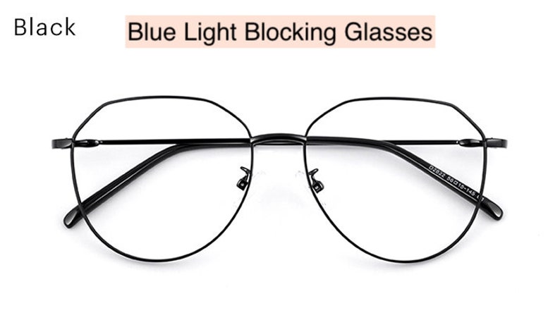 Puede incluir: Gafas de bloqueo de luz azul con montura de metal negro de forma geom&eacute;trica.