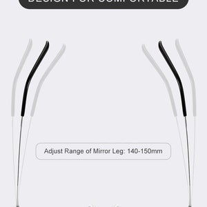 Puede incluir: Gafas plateadas con patillas negras ajustables. El texto "Adjust Range of Mirror Leg: 140-150mm" es visible debajo de las gafas.