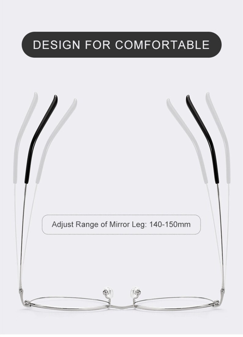 Puede incluir: Gafas plateadas con patillas negras ajustables. El texto "Adjust Range of Mirror Leg: 140-150mm" es visible debajo de las gafas.