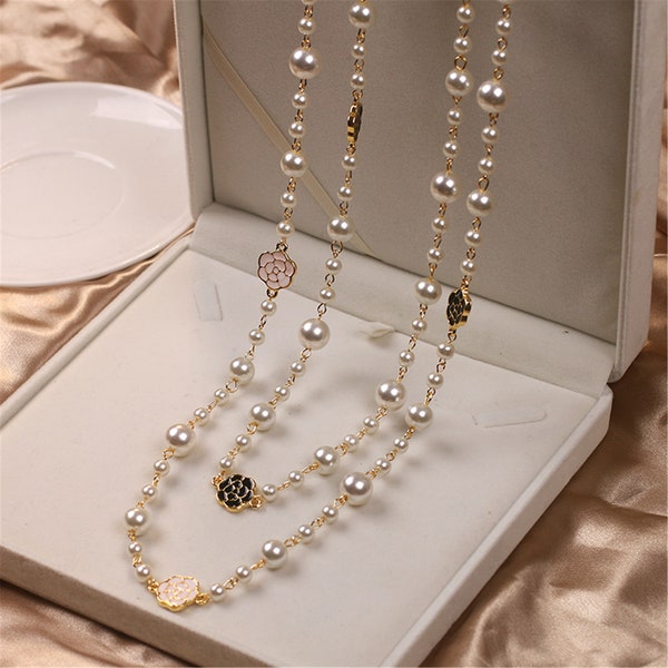 Multilayer Long Pearl Flower Necklace Accessories Sweater Chain Pendant