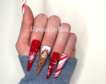 Gingerbread House with Red Snowflake and Candy Cane Christmas/Holiday Custom Hand Painted Press On Nails