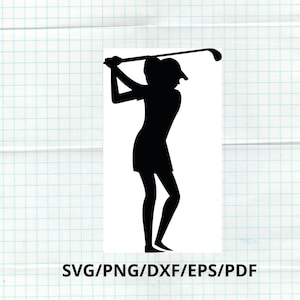 May include: Silhouette of a person playing golf, with a black and white color scheme.