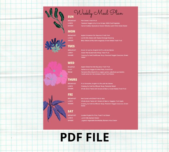 Vegan Weekly Meal Plan Vegan Meal Plan Meal Plan Printable - Etsy