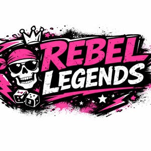 May include: A graphic design featuring the text "REBEL LEGENDS" in pink and white, with a skull wearing sunglasses and a bandana. The design includes dice, a crown, and lightning bolts, with a black and pink splatter effect.