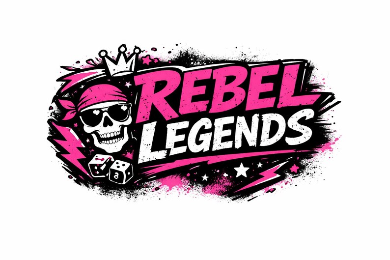 May include: A graphic design featuring the text "REBEL LEGENDS" in pink and white, with a skull wearing sunglasses and a bandana. The design includes dice, a crown, and lightning bolts, with a black and pink splatter effect.