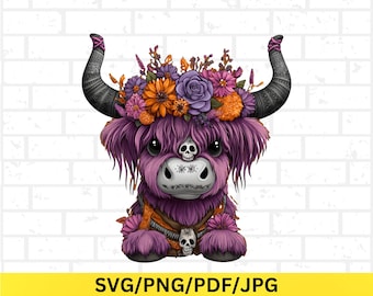 Lustige Halloween Kuh Clipart, Highland Kuh mit Schädel, gruselige Boho Bauernhaus Digital Download, Halloween SVG, Herbst Dekor