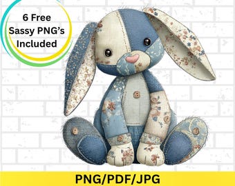 Denim Patchwork Bunny PNG, Blue Floral Rabbit Clipart, Country Cottage Animal Design, Vintage Fabric Sublimation, Cute Printable
