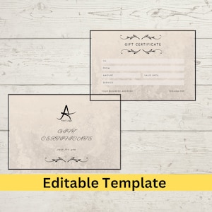 Plantilla de certificado de regalo descargable, cupón editable, tarjeta de regalo imprimible, suministros para pequeñas empresas