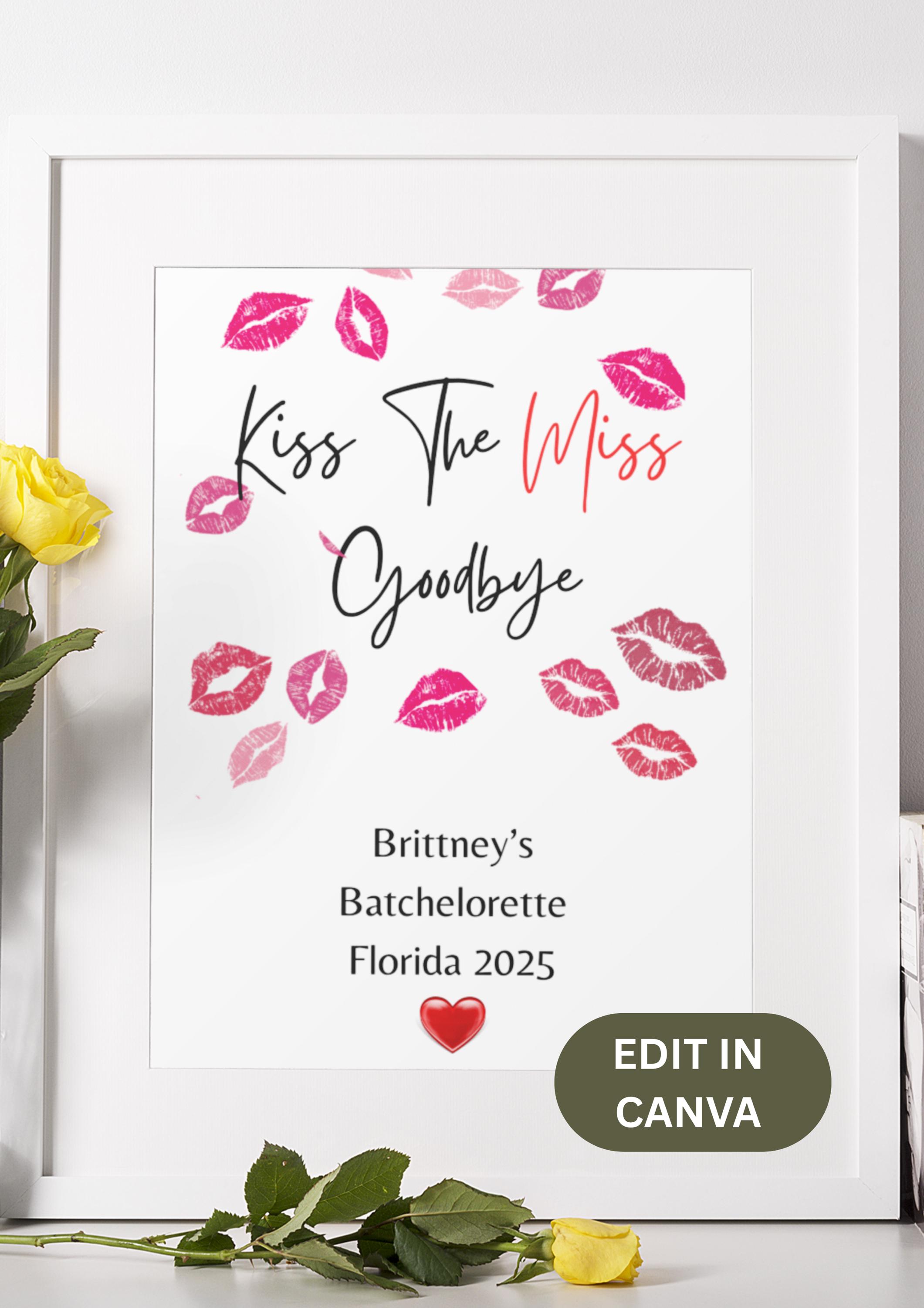 Kiss the Miss Goodbye Personalized Print, Lipstick Print Hen Party, Bachelorette, Bride Tribe Keepsake,  Kisses