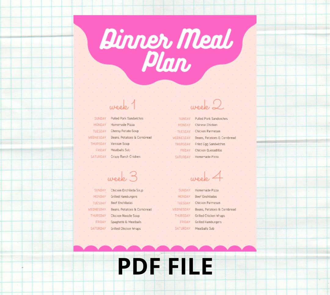 Monthly Dinner Meal Plan Printable Meal Plan Meal Planner - Etsy